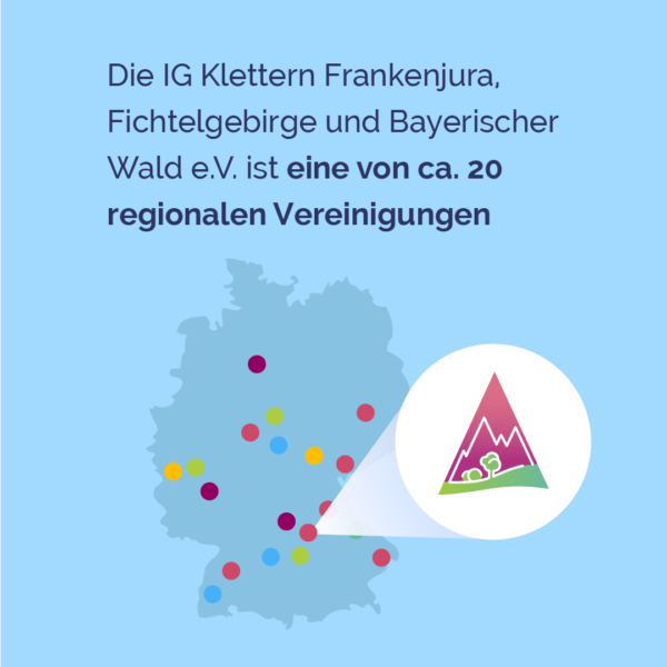 Die Grafik zeigt eine Deutschlandkarte mit den reginalen Vereinigugnen der IG Klettern. Der Text dazu ist: "Die IG Klettern Frankenjura, Fichtelgebirge und Bayerischer Wald e.V. ist eine von ca. 20 regionalen Vereinigungen."